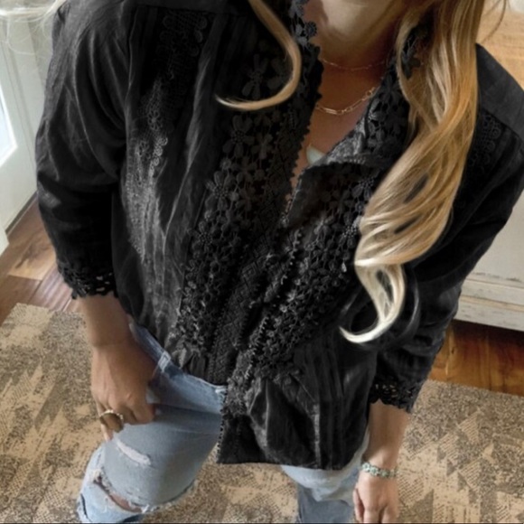 New Bohemian Black Lace Button Front Blouse /  Top Summer Dress Vintage Boho - Picture 2 of 9
